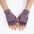 Detail of purple knitted fingerless gloves with a flip top cover and fashion buttons - One Size / Purple