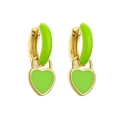 Close-up of neon green enamel heart charms on gold-plated hoops with a glossy finish - Green