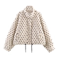 Giacca corta in pile beige da donna a pois neri con coulisse regolabile sul fondo - XS / Bianco Sporco a Pois