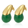 Elegant gold stainless steel and green resin teardrop stud earrings for women - Green
