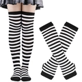 Black and white striped thigh high socks with matching long arm warmer sleeves set - One Size / White and Black Stripes