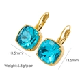 Detail showing 13.5mm blue cushion-cut cubic zirconia earrings in 14k gold plated setting - Sky Blue