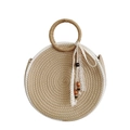 Bolso de paja redondo minimalista con borde blanco, cinta de encaje y cuentas de madera - Medio / Caqui
