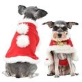 Christmas pet cape for dogs and cats with red fleece, white trim and golden bow tie - Pom-pom Red Christmas Cape