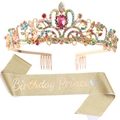 Golden Birthday Princess crown and glitter sash set with colorful rhinestones for girls - Multi-color (Opal Crown + Gold Sash)