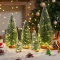 Mini sisal Christmas trees with LED lights and snow-dusted needles on wooden bases - Cedar Tree 5-Piece Set With Warm Light