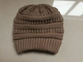 Women's warm knitted open top ponytail hat in deep khaki coffee color texture - One Size / Light Khaki