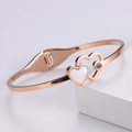 Rose gold titanium steel heart bangle with white shell inlay and sparkling cubic zirconia - Shell Heart Bangle / Rose Gold