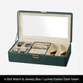 Dunkelgrüne Organizer-Box aus PU-Leder mit Narbung für 4 Uhren und Schmuck mit Glasdeckel - 4+2 Steckplätze / Lackgrün / Litchi-Maserung