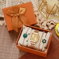 Square gold watch with emerald stones and diamond flower bracelets in an orange gift box - Gold And White Set (bow Box)