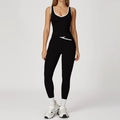Women's black high-waisted yoga set with white contrast trim and open back design - S / Top And Bottom (Tank Top + Long Pants) / Premium Black