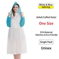 Reusable adult EVA raincoat in white and blue bicolor design with drawstring hood - One Size / White & Blue Patchwork (Adult Elastic Cuff)