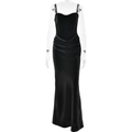 Elegant black fishtail evening maxi dress with spaghetti straps and ruched waist design - S / Black