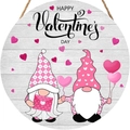 Detail of wooden Valentine's Day sign with Happy Valentine's Day text and gnome motifs - Style E Gnomes Round