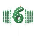 Green dinosaur number 6 candle set with 8 polka dot birthday candles for party cakes - Number 6 And Polka Dot Candles
