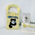 Cute yellow knitted phone bag with cat pattern and plush blue handle by STANNUM brand - Light Yellow Black Cat (Handle + Strap)