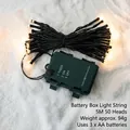 5M 50 LED warm white Christmas string lights with dark green wire and AA battery box - 5m 50-LED Battery Box Light String (Timer/Waterproof/Dark Green Wire)