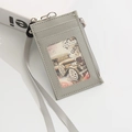 Grey PU leather lanyard card holder with cross pattern, ID window and zipper pouch - Gray