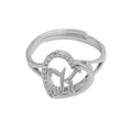 Silver adjustable heart ring with letter K engraving and sparkling crystal accents - Initial K (Silver Ring K) / Silver