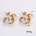 Détail des boucles d'oreilles perles dorées en forme de C en acier inoxydable 304 - Créoles Demi-Lune Perle en C (AMLEH140)