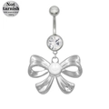 Close-up of silver bowknot navel ring in non-tarnish 316L surgical steel with crystal - Silver Bow with Artificial Pearl (24080101-2)