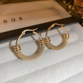 Dettaglio di orecchini a cerchio dorati con trama a maglia intrecciata e chiusura a scatto - Orecchino N. 41 - Oro - Cerchio (acciaio Al Titanio)
