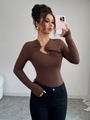 Slim-fit dark brown knit top with asymmetric cutout detail and gold buckle hardware - S / Coffee