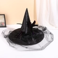 Elegant black Halloween witch hat with glossy satin, mesh brim and purple feathers decoration - One Size / Black