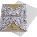 Laser cut butterfly wedding invitation with kraft paper insert and twine bow - Full Set (Includes White Envelope/Inner Card/Twine) / White