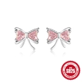 S925 sterling silver bow knot stud earrings with pink heart zircon and silver finish - Pink Heart Bow / Platinum #1