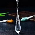 Polished hexagonal clear quartz pendulum necklace with intricate metal filigree detail - Clear Quartz with Double Bead Pendulum Chain