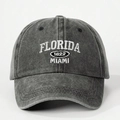 Detail of white 3D embroidery FLORIDA MIAMI 1822 on washed dark grey baseball cap - One Size / Black