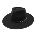 Klassischer schwarzer Fedora-Hut mit breiter Krempe und goldener Kette für Damen und Herren - Schwarz