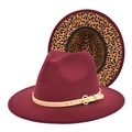 Burgundy wool fedora hat with leopard print brim interior and gold buckle leather band - M(56-58cm) / Burgundy