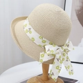 French style straw hat with floral lace ribbon bow for women seaside beach sun protection - Beige