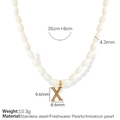 Freshwater pearl necklace with crystal letter X pendant and stainless steel chain - Letter X (XL185 Artificial Pearl Gold Necklace)
