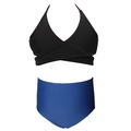 Two-piece girls high-waisted bikini with black halter cross top and blue bottom - 104 / Two-Piece Set (Smooth) / Black & Blue