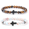 Tiger eye and spotted stone beaded bracelets featuring a matte black cross charm - 6MM Tiger Eye & Shoushan Stone Set