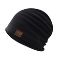 Winter thermal knit beanie in black with plush lining and leather patch detail - Adjustable / Black