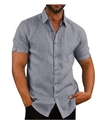 Men's grey short sleeve linen shirt with button-down collar and chest pocket - S / Tops / Gray