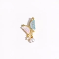 Macro view of butterfly pendant with blue and pink resin, zircon inlay and hanging pearl - Gold Blue-Pink Opal Effect Pearl Butterfly Style