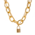Double-layered punk style chunky link chain necklace with a gold padlock pendant - Gold-Tone Double Layer Large Link Padlock Style (KC Gold 5121)