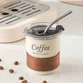 White stainless steel coffee mug with wood grain sleeve and metal straw for camping - Cup + Wood Sleeve + Lid + Straw / Off White