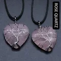 Rose quartz heart pendant with silver wire-wrapped tree of life on black cord necklace - Rose Quartz (Silver)