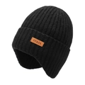 Heren winter gebreide muts met oorkleppen en lederen patch in zwart geribd - Eén maat / Zwart