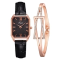 Close-up of vintage square watch with black leather strap and rose gold jewelry set - Black Watch + Bracelet