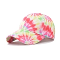 Detailed view of colorful tie-dye patterns and neat stitching on a cotton baseball cap - Adjustable / Graffiti Pink