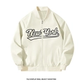 Giacca varsity da uomo bianco sporco con ricamo New York nero e finiture a costine classiche - XS / Bianco Sporco