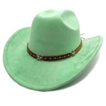 Detail of mint green suede cowboy hat featuring brown leather band and star metal studs - M (56-58cm) / Fruit Green