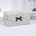 Trousse à maquillage florale avec nœud bleu et grande capacité pour les voyages - Bleu marine